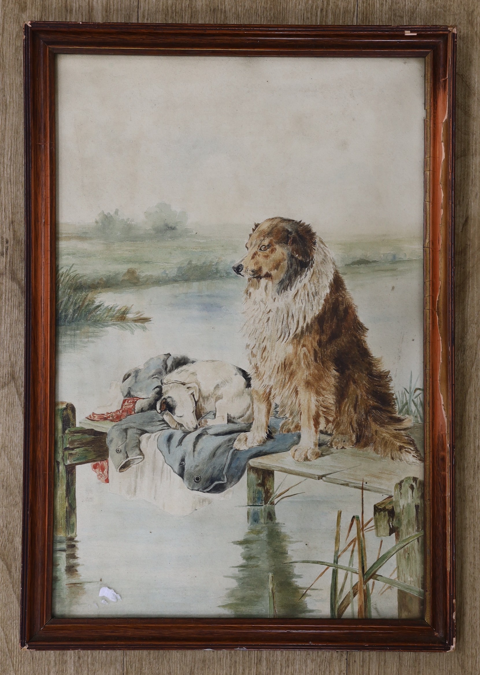 English School, watercolour, Dogs upon a jetty, 45 x 29cm